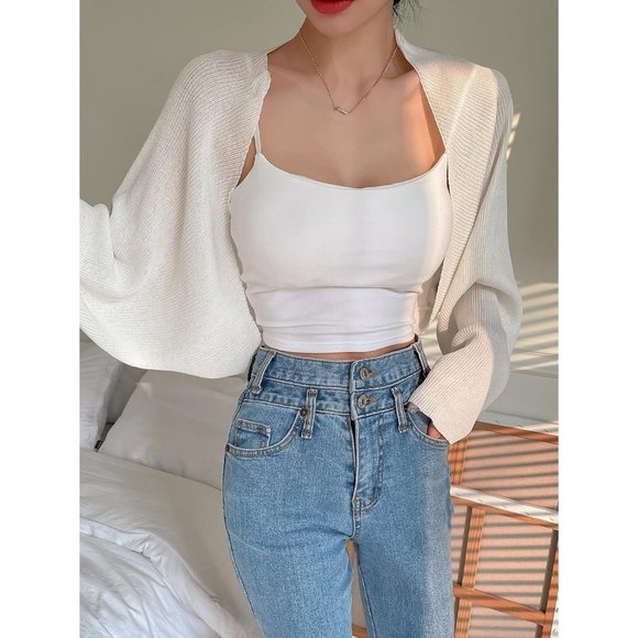 Women Knit Bolero Shrug Long Sleeve Cropped Cardigan Mesh Sweater - Picture 4 of 5